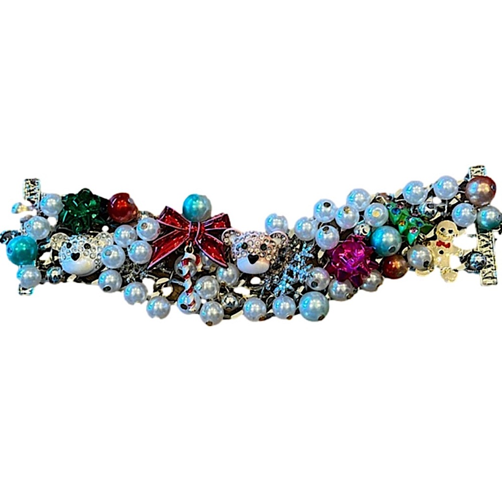 NEW Betsey Johnson Holiday Pink Silver Teddy Statement Bracelet Rhinestone Pearl
